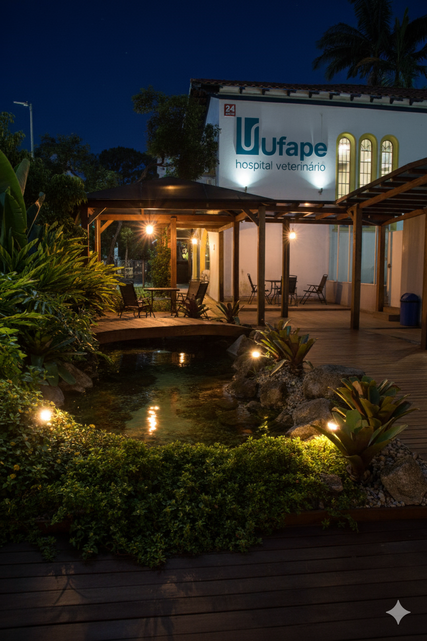 Fachada iluminada do Hospital Veterinário UFAPE à noite