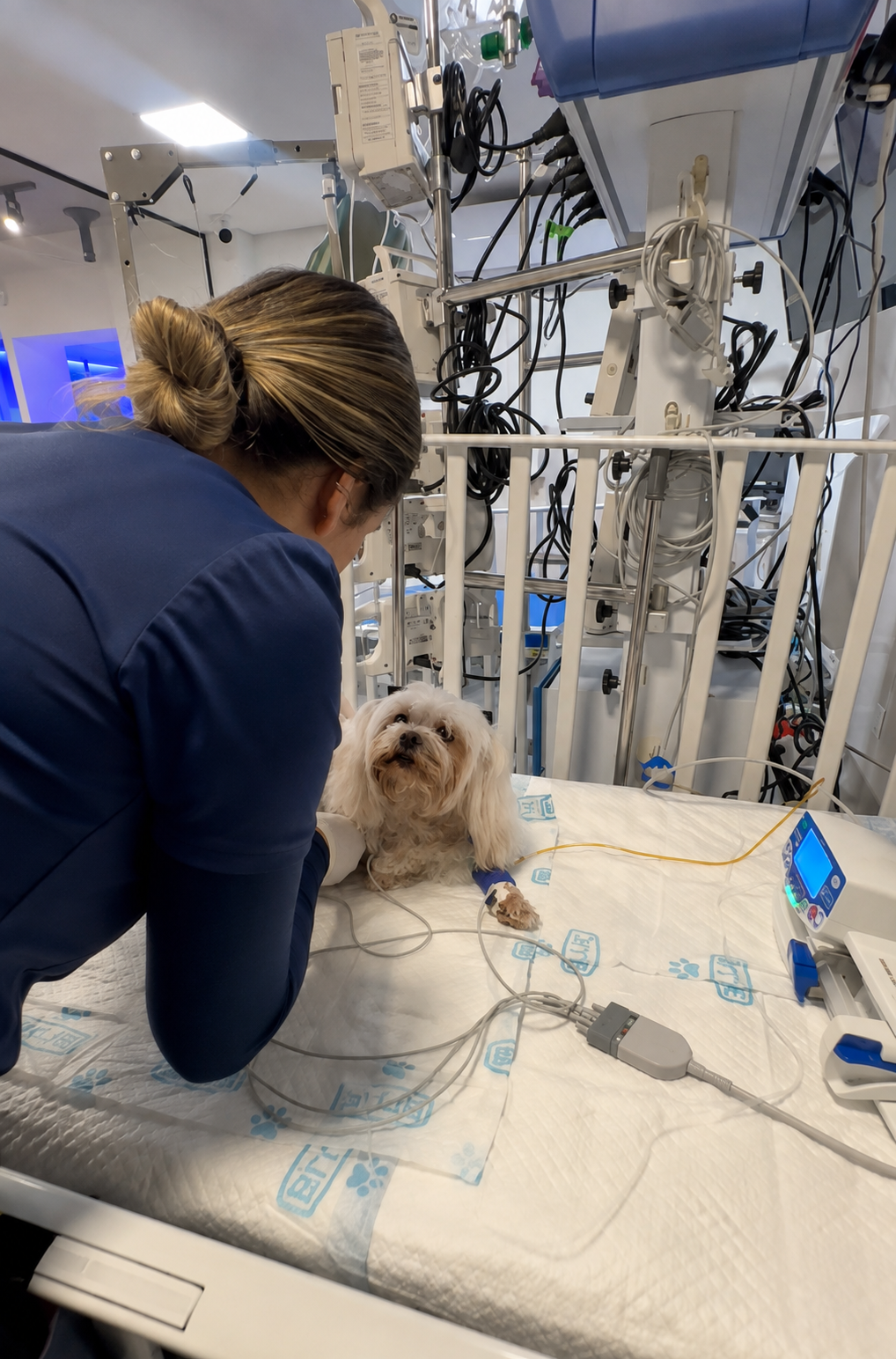 Veterinária acompanhando cão internado em leito de terapia intensiva